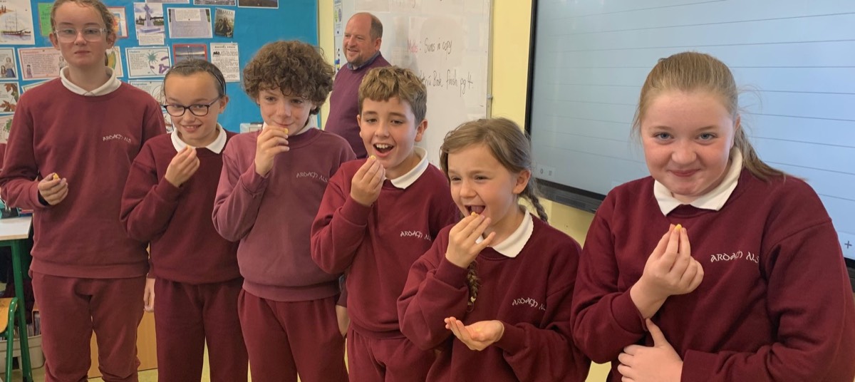 A group of pupils in their school jumpers, smiling in the classroom